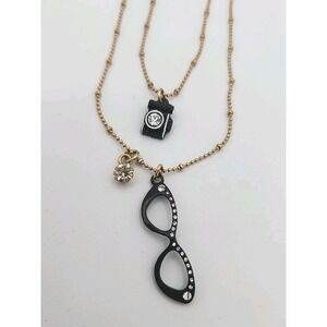 Vintage Betsey Johnson Gold Tone Layered Charm Necklace Camera Cat Eye Glasses